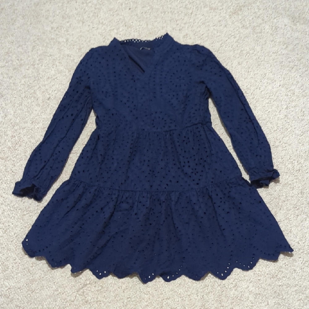 Navy Eyelet Tiered Long-Sleeve Dress for Girls